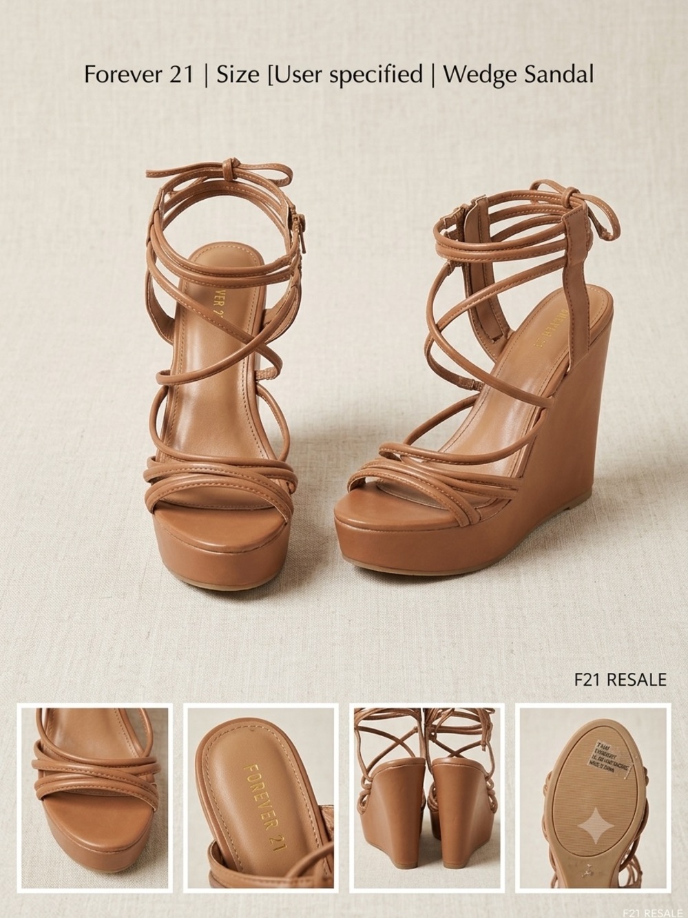 Forever 21 Tan Faux Leather Strappy Platform Wedge Sandals, Size 7.5